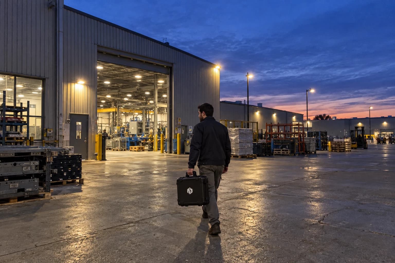 Illustrative scene of an engineer carrying an Eper equipment case into an industrial facility.